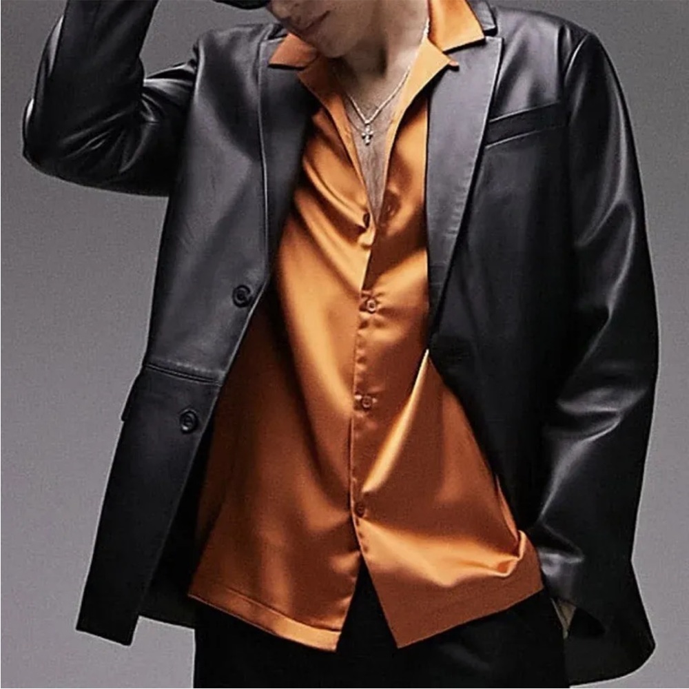 Topman Premium XL 44” Short Sleeve Satin Shirt Dark Burnt Orange Rust Night Out - Picture 1 of 3